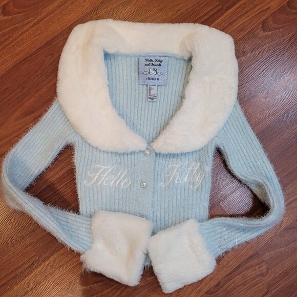 Hello Kitty & Friends X Forever 21 Blue Knit Cardigan W/Faux Fur Collar & Cuff - Picture 15 of 16